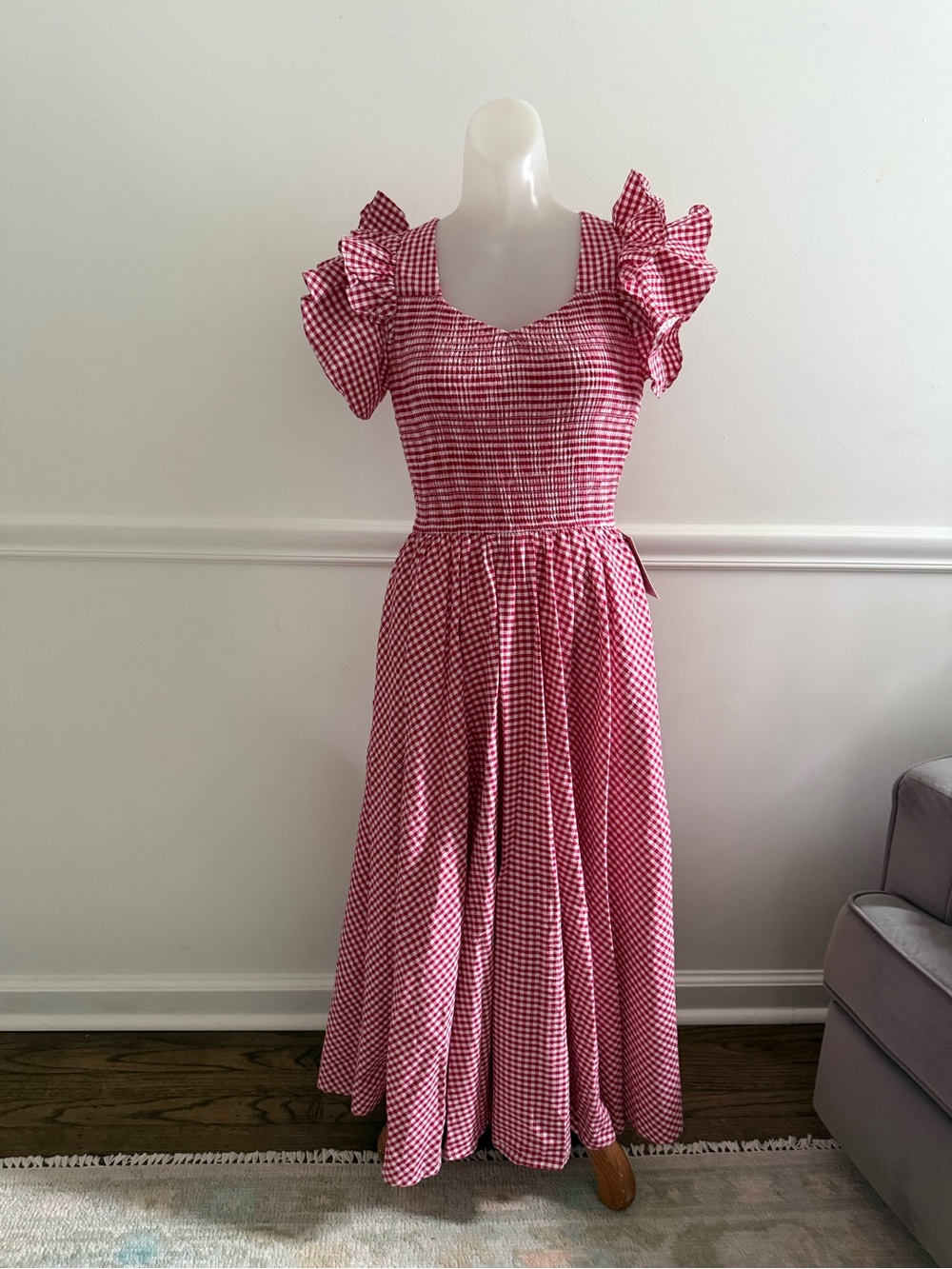 NWT Ivy City Co Red Gingham Midi Dress with Ruffle Sleeves